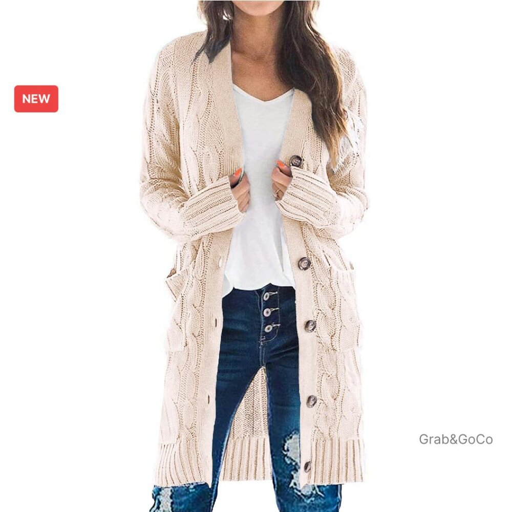 Chunky Cable Knit Long Cardigan Open Front Button Sweater Pockets Cozy